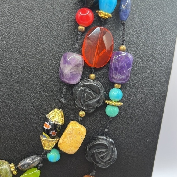 Colorful Beaded knotted Necklace with gold tone spacers - Picture 4 of 10